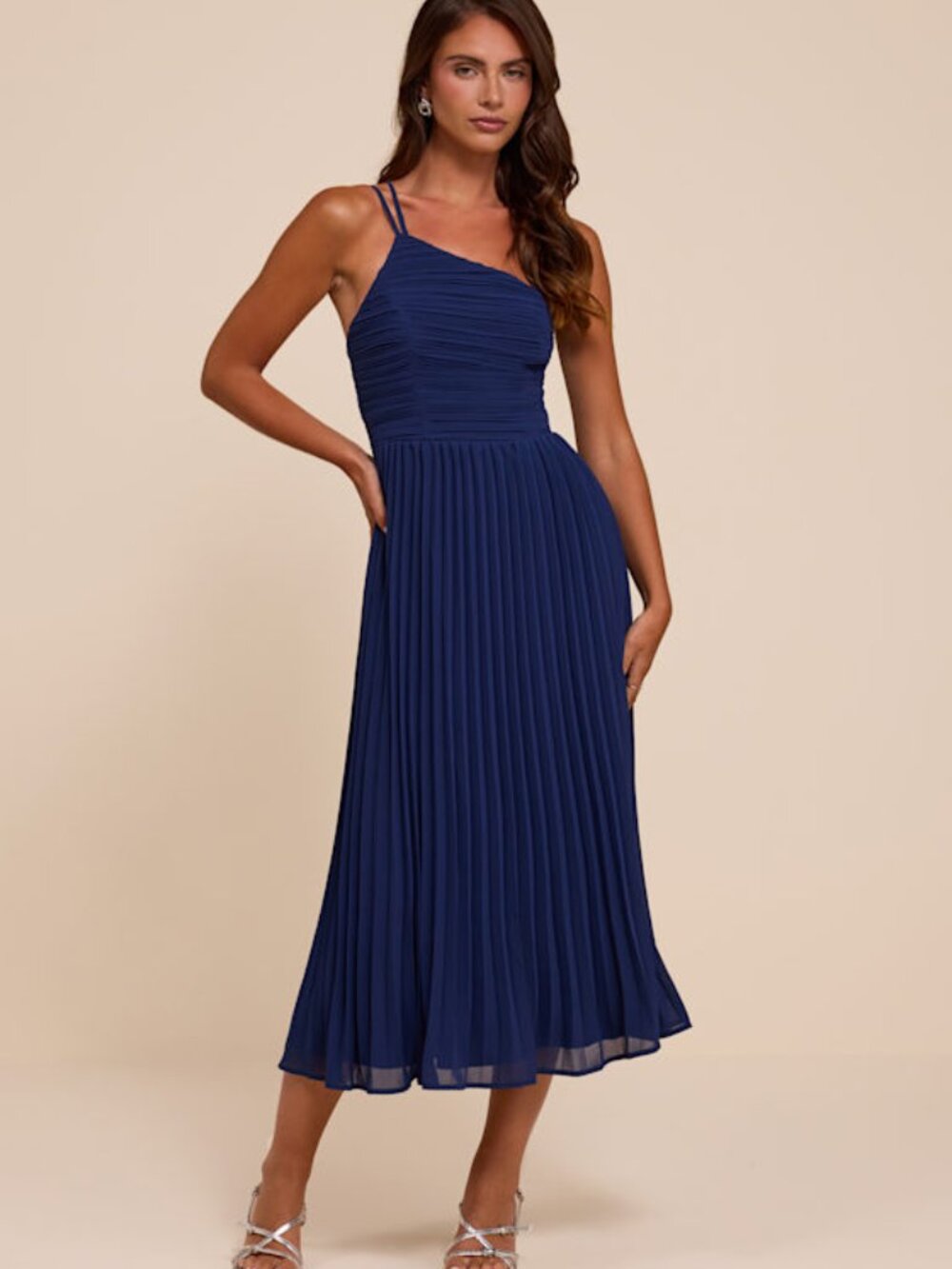 Lulus Wondrous Muse Dark Blue Pleated One-shoulder Midi Dress - Size M